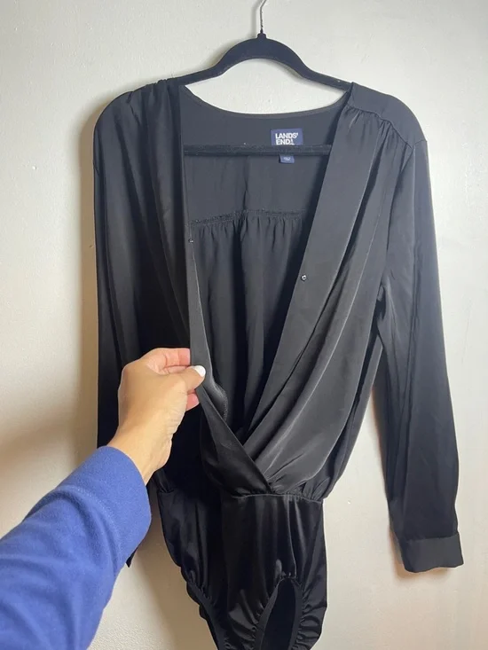 Lands' End Black Satin Surplice Bodysuit Top Size: 12 - Picture 10 of 14